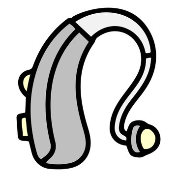 Modern hearing aid medical device illustration featuring minimalist grey outline design against isolated white background