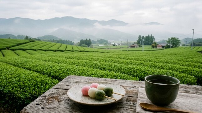 Beautiful green tea plantation hills in Japan with traditional dango and green tea, generative AI
