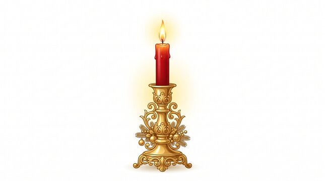 Glowing red candle in an ornate golden candlestick holder on white