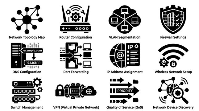 Collection of network administration and system configuration vector icon set with administration configuration topology segmentation security forwarding assignment wireless management