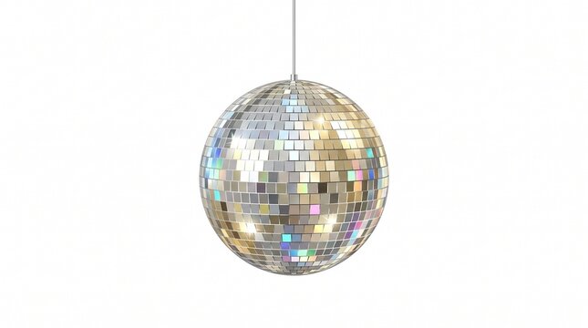 Glowing silver mirror ball hanging by thin wire against clean white background