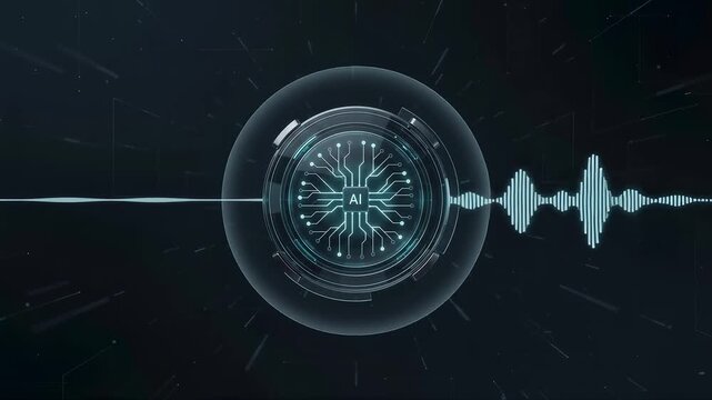 Human voice waveform enters an AI processing core and becomes a clean synthetic voice response in a seamless conversational technology animation.