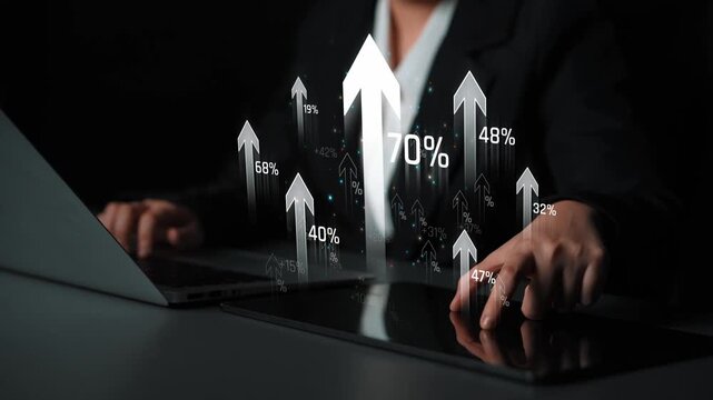 Business professional analyzing financial growth with upward arrows and digital graphics, signifying success in investments and market performance Sigmoid