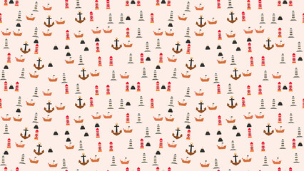 Nautical Pattern with Ships, Anchors, and Lighthouses © lucky