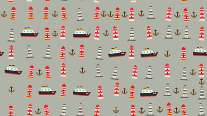 Nautical seamless pattern with lighthouses, ships, and anchors © lucky