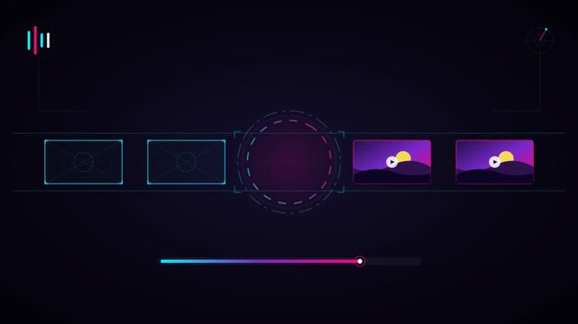 Futuristic video editing interface featuring scrolling filmstrip frames and loading progress bar in cyber style