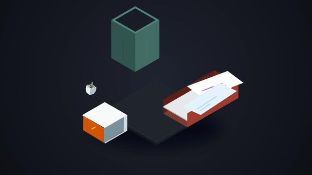Isometric 3D office desk objects separating on dark background
