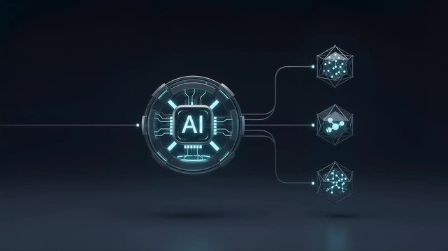 Customer request enters an AI service hub that selects the appropriate solution and returns an automated response in a clean seamless support workflow.