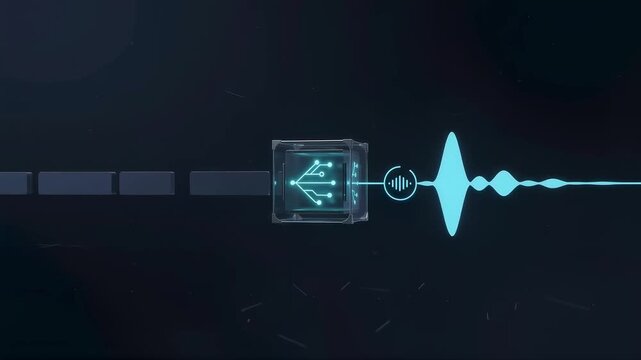 Abstract language data enters an AI synthesis core and transforms into a smooth synthetic voice waveform in a clean seamless speech technology animation.