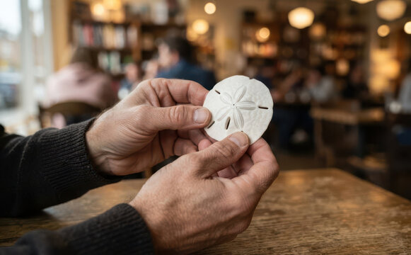 Middle-aged man holding a white sand dollar seashell in a cafe, concept of nature study and marine curiosity