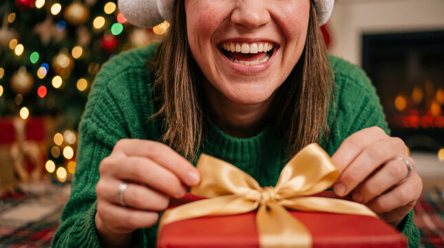 Close up of joyful girl with hand stretched toward red present