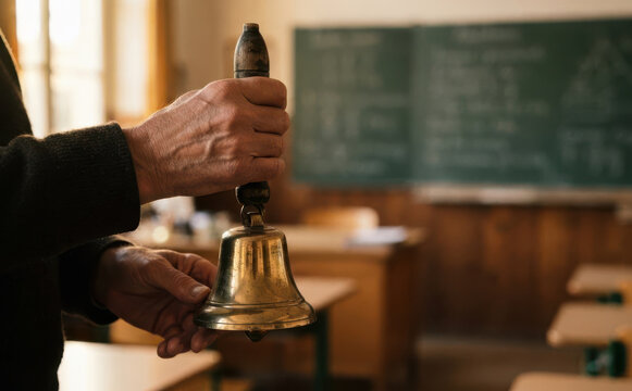Elderly male teacher ringing a brass handbell in a vintage empty school classroom