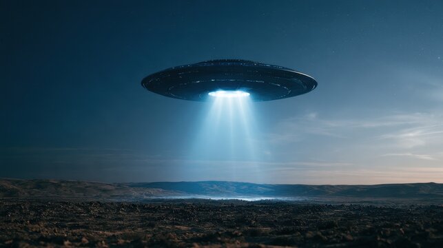Mysterious flying saucer hovering over barren desert landscape with bright light beams shining down at twilight sky