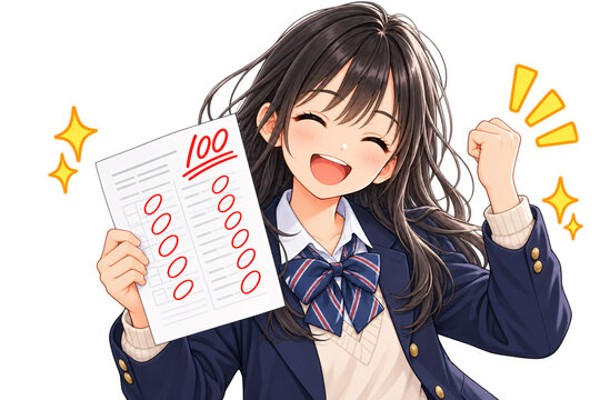 テストで100点を取って笑顔でガッツポーズする女子学生のイラスト