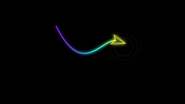 Neon Arrow Following Curved Path with Glowing Tip Animation on Black Background Cinematic Motion