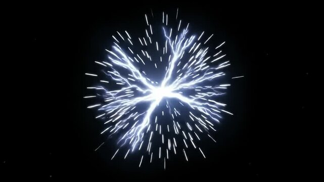 A circular ring of white electric energy discharges with flying sparks against a black background, seamless looping video overlay.