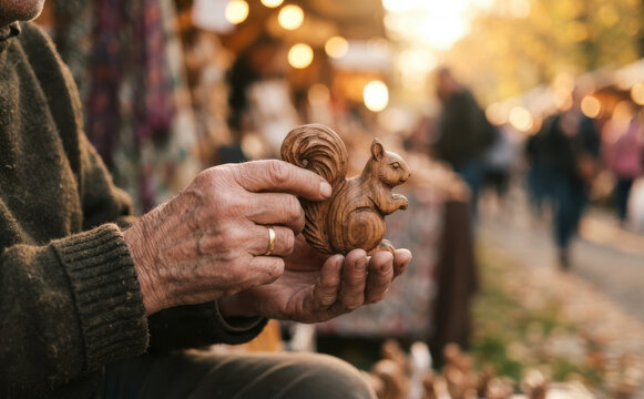 Elderly man holding a handcrafted wooden squirrel figurine at an outdoor artisan market autumn fair