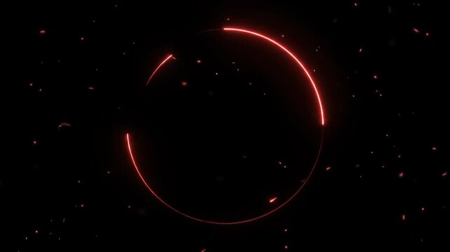 A glowing red circular light trail arc floats against a dark black background with subtle space-like particles, seamless looping video overlay.