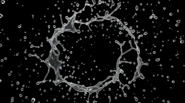 A clear water splash forms a perfect circular ring against a solid black background, seamless looping video overlay.