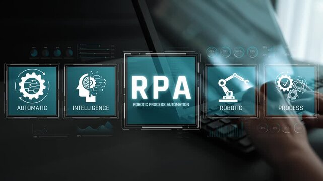 Automation with Robotic Process Automation Concept Featuring Gears, Brain, Circuit, Robotic Arm, and Computer Keyboard in a Modern Workspace Setting Sigmoid