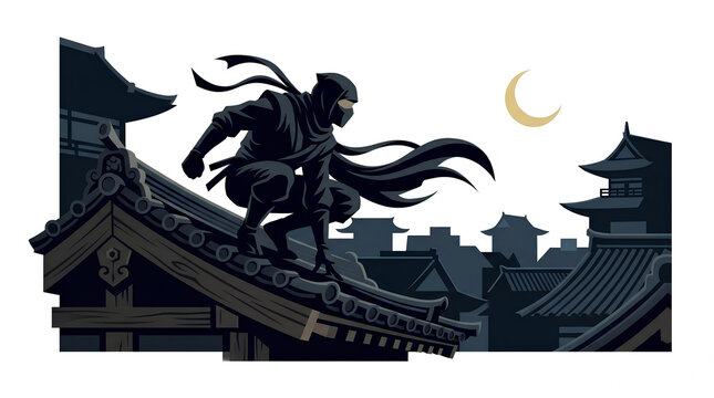 Stealthy ninja crouching on traditional japanese roof at night for