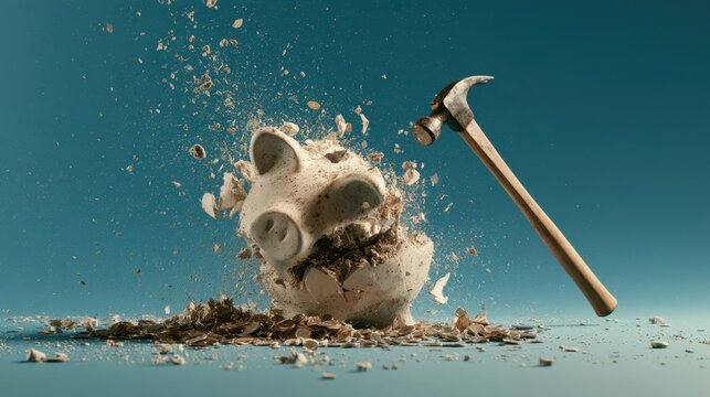 Broken ceramic piggy bank shattered by hammer strike with debris flying on blue background with copy space
