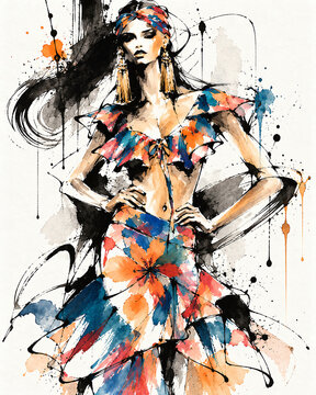 Fashion Watercolor Illustration of Boho Floral Model in Colorful Summer Dress and Headscarf. Stylish watercolor fashion illustration of a boho model wearing a vibrant floral summer dress and headscarf