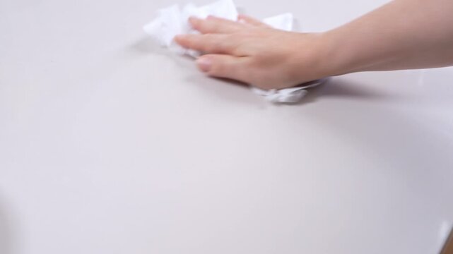 A woman hand wipes a smooth white tabletop with a crumpled paper tissue in circular strokes, then gathers the napkin and leaves a spotless counter, a concept of hygiene at home.