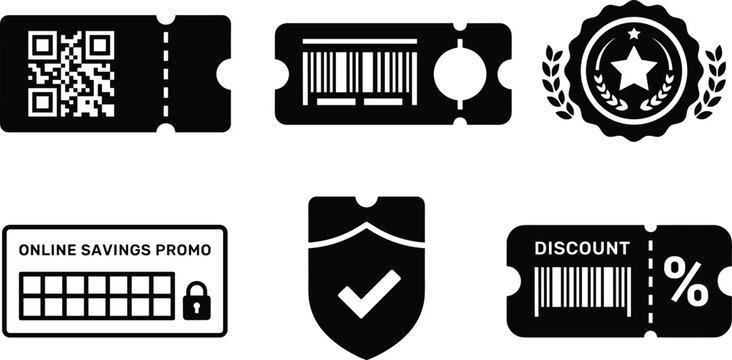 Minimalist black shopping coupon icon bundle featuring discount tickets with barcode QR codes promotional vouchers and secure shield guarantee badge vectors