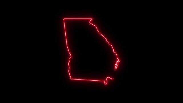 Glowing red neon outline map of georgia state, usa, isolated on black background