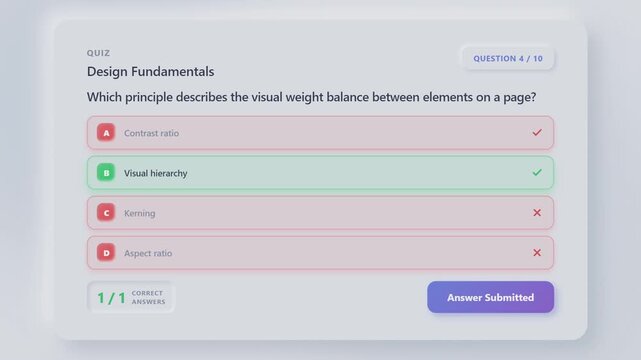 Online quiz with question about design fundamentals, user selects visual hierarchy