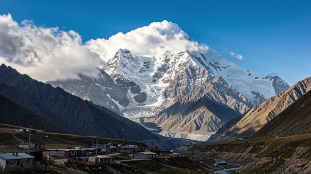 Ushguli winter village nestled under majestic snow capped mountains