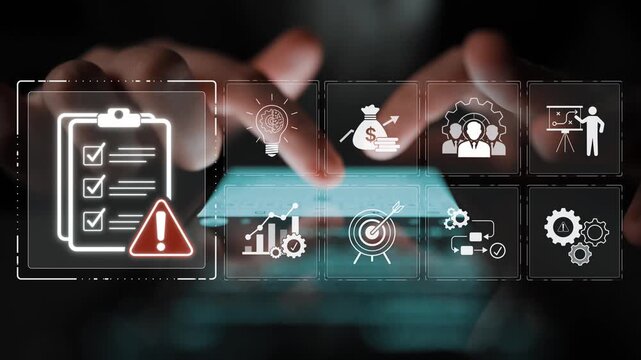 Digital Interface for Business Management Featuring Checklist Icons and Warning Signs on Hands with Blurred Background Sigmoid