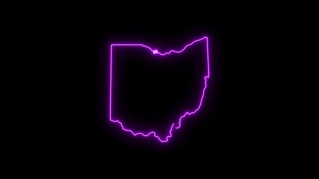 Neon glowing outline map of ohio state, animated glowing border on black background