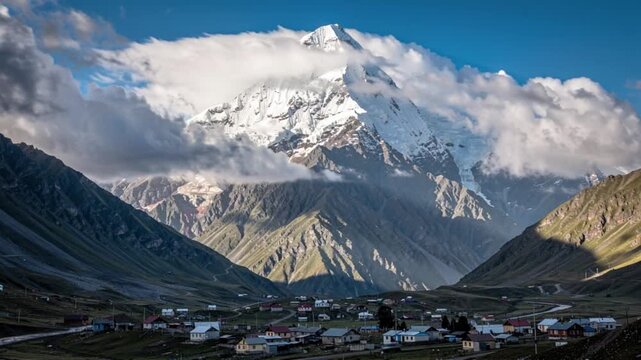 Snowy ushguli winter village at the foot of massive mountain peaks