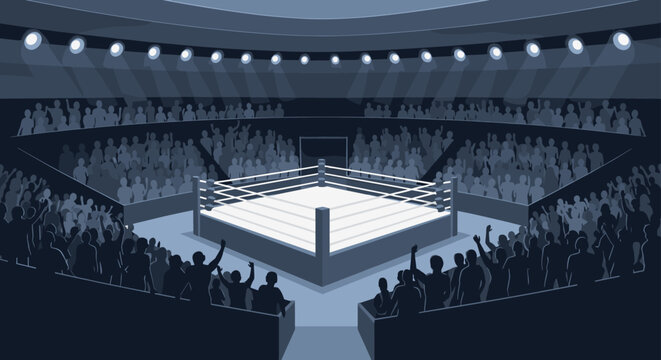 Professional boxing ring in a crowded stadium arena