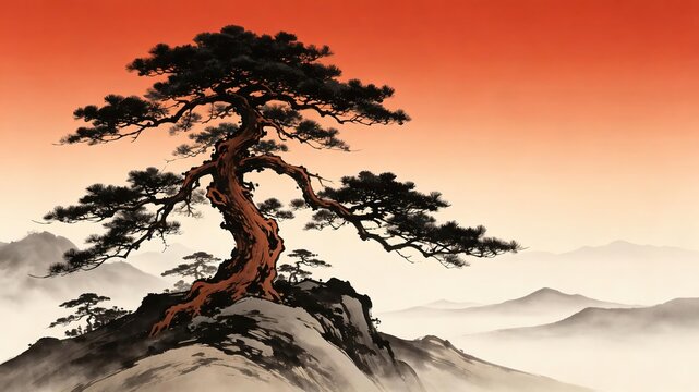 Bonsai tree on mountain at sunset
