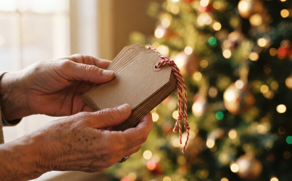 Elderly hands holding craft paper gift tags with festive red and white string near a glowing Christmas tree
