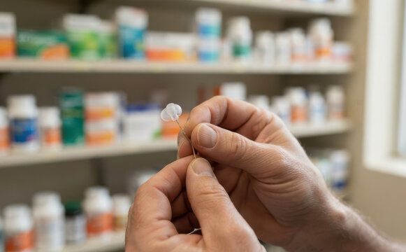 Pharmacist holding an insulin pump infusion set in a modern pharmacy with medicine shelves