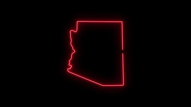 Glowing red neon outline map of arizona state, usa, isolated on black background