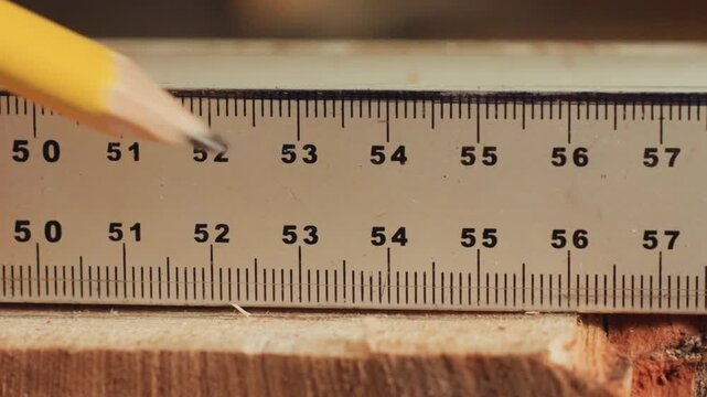 Close up shows piece of rough sawn lumber with visible end grain. metal rule is placed on edge for scale as soft lighting highlights wood texture and pencil marks are made along its length