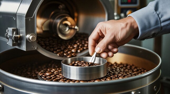 Barista checking coffee beans quality with sampling scoop from roasting machine, artisan coffee roastery concept