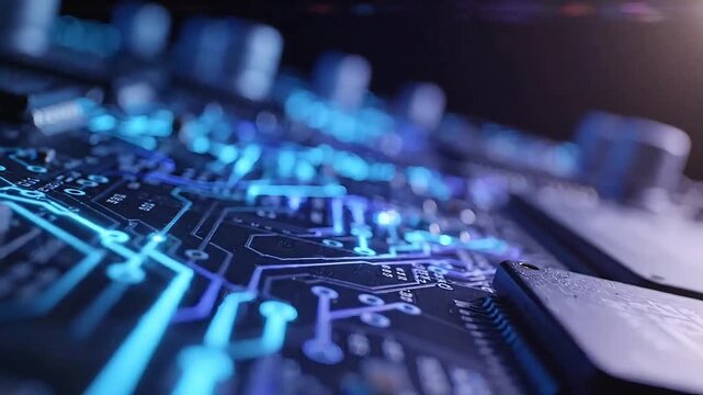 Energy pulses flowing across a circuit board motherboard in macro