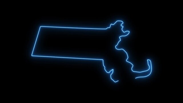 Glowing neon outline map of massachusetts state, usa animated digital cartography