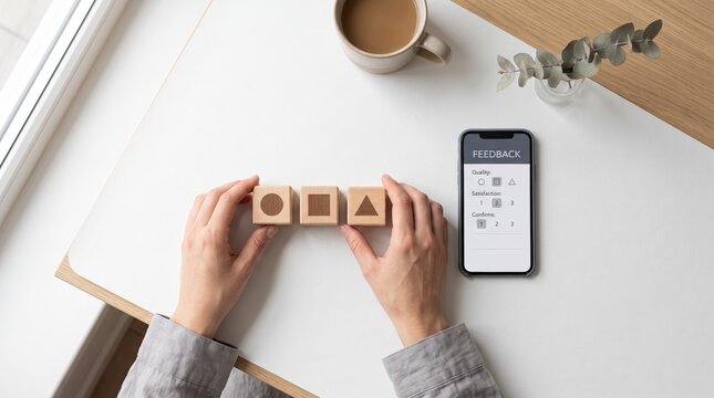 Hands arranging wooden geometric blocks next to smartphone displaying feedback survey app, user experience testing concept, collecting customer opinions and ratings for product