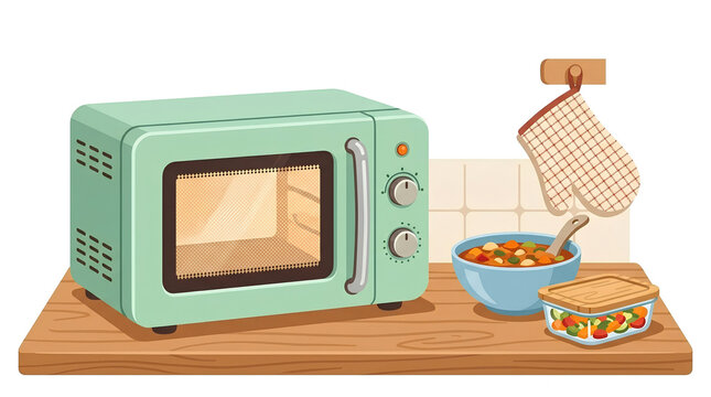 Retro mint green microwave oven on wooden kitchen counter with food
