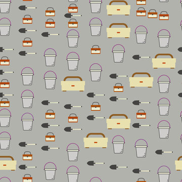 Seamless pattern of buckets, shovels, and toolboxes