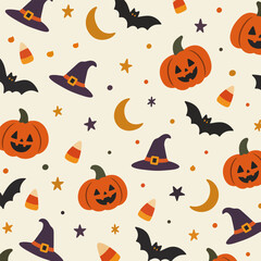 Classic Halloween seamless pattern with pumpkins bats witch hats candy corn and crescent moons © rfaiyntv