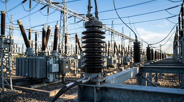 High Voltage Electrical Substation Grid with Power Transformers and Insulators