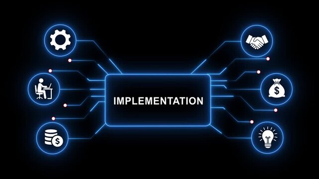 Digital implementation strategy infographic featuring animated blue glowing network nodes, business workflow automation, financial growth, and strategic planning concepts for corporate presentations